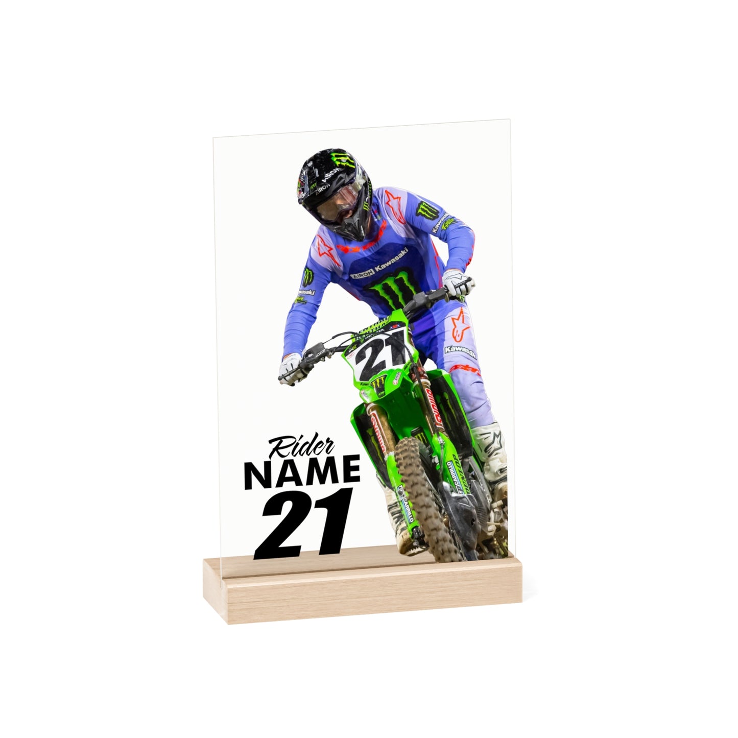 Custom Printed Motocross Rider Acrylic Sign with Wooden Stand