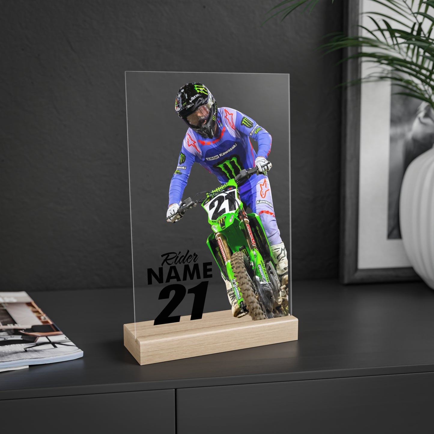 Custom Printed Motocross Rider Acrylic Sign with Wooden Stand
