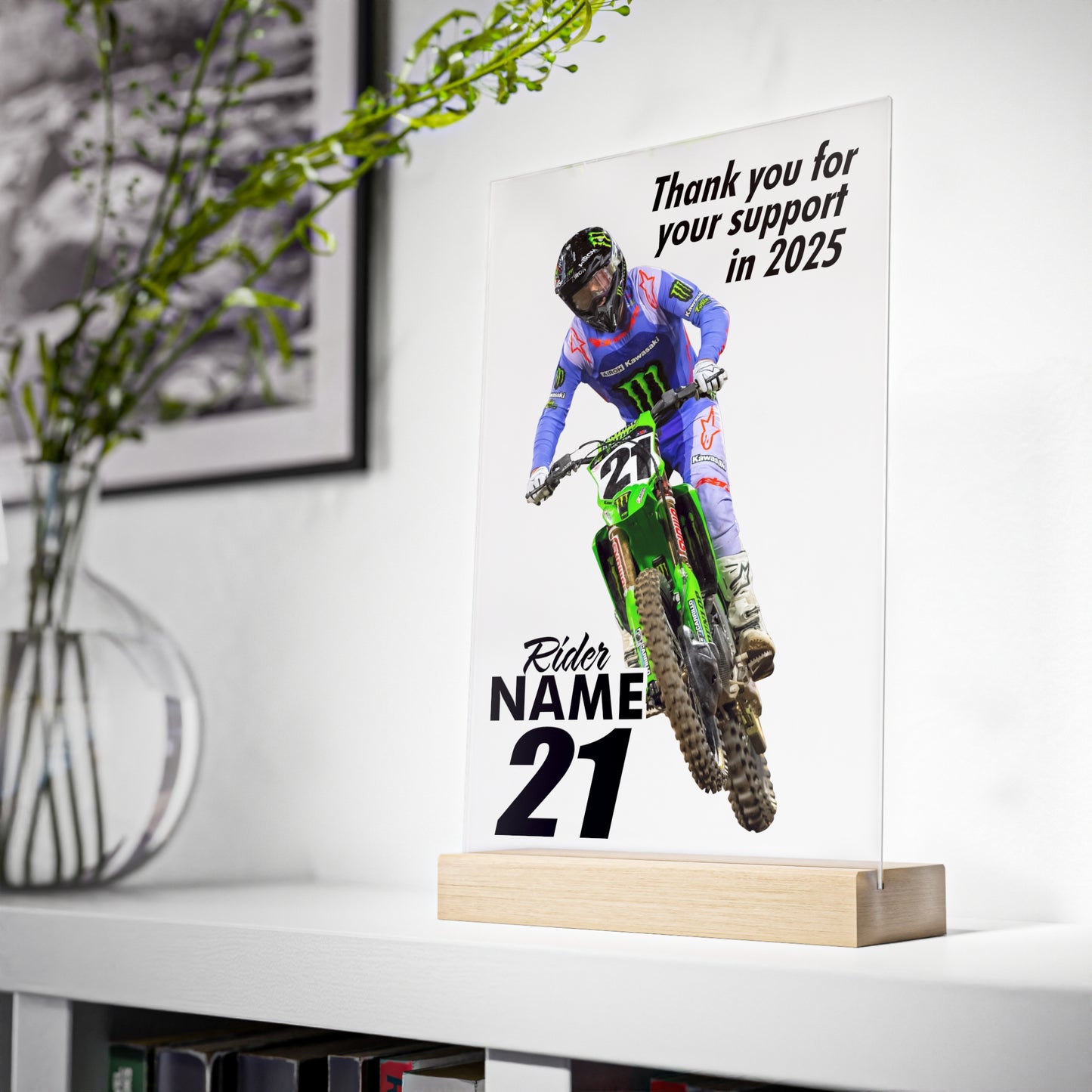 Custom Printed Motocross Rider Acrylic Sign with Wooden Stand