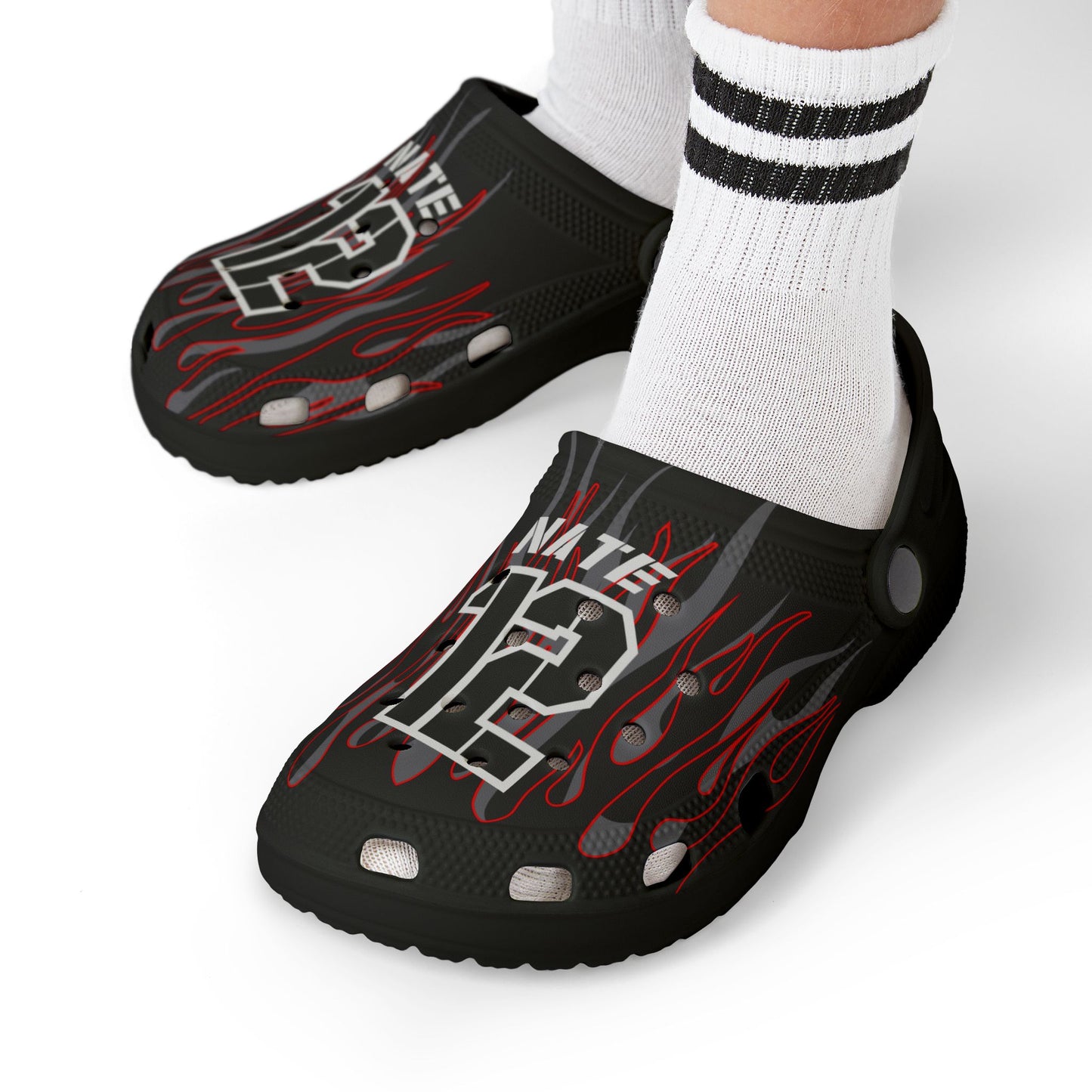 Customizable Flamin Moto Youth Crocs Dirt Bike Rider Crocs Personalized Motocross Logos and Number