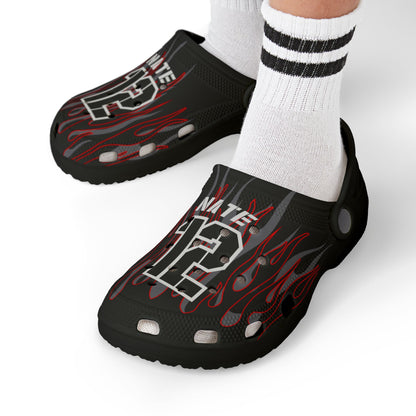 Customizable Flamin Moto Youth Crocs Dirt Bike Rider Crocs Personalized Motocross Logos and Number